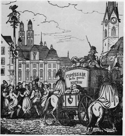 Карикатура на тему Гельветической революции. Пока жители Цюриха танцуют вокруг дерева свободы и революции, французские войска вывозят городскую казну. Общественное достояние.