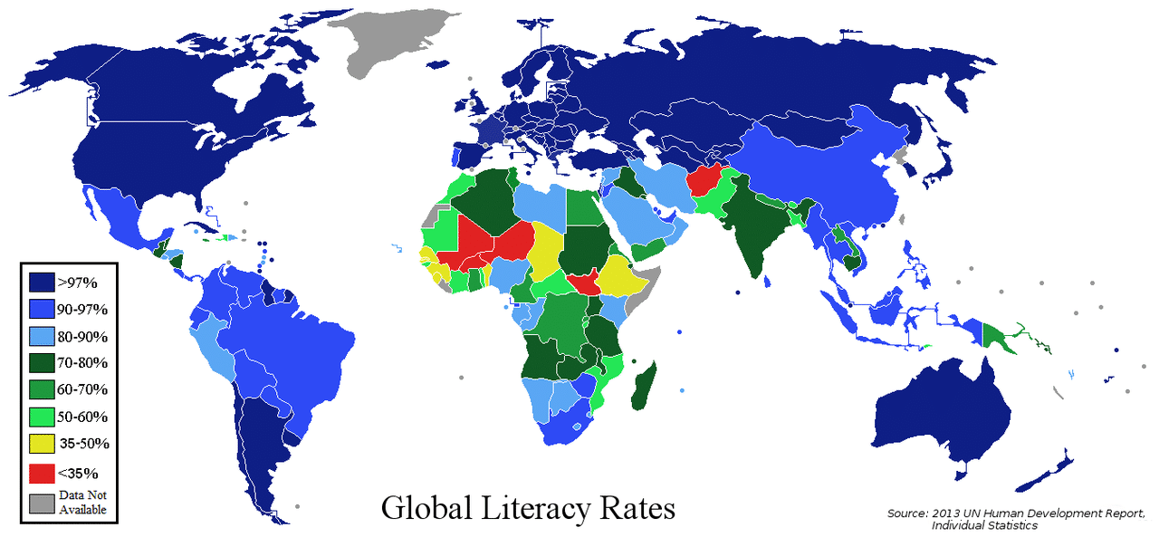 Уровень грамотности по странам мира (отчёт о развитии человечества 2013).