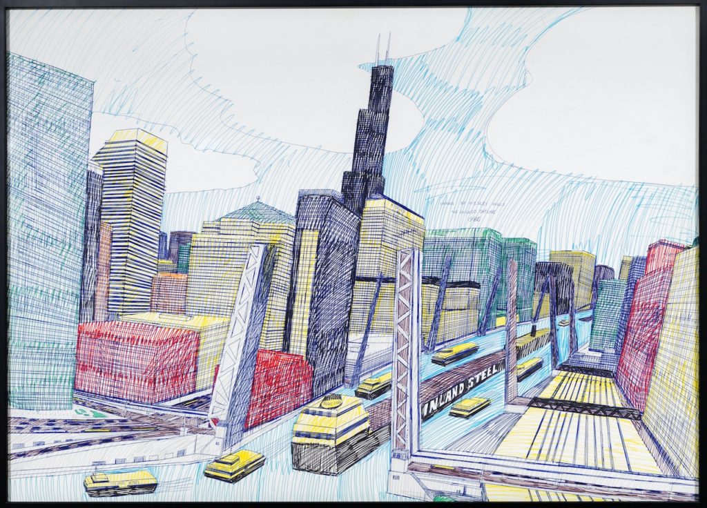 Уэсли Уиллис. The Chicago Skyline, Sears Tower, Chicago River… 1986, карандаш и фломастеры на картоне, 71 x 99 см, Collection Rolf et Maral Achilles
