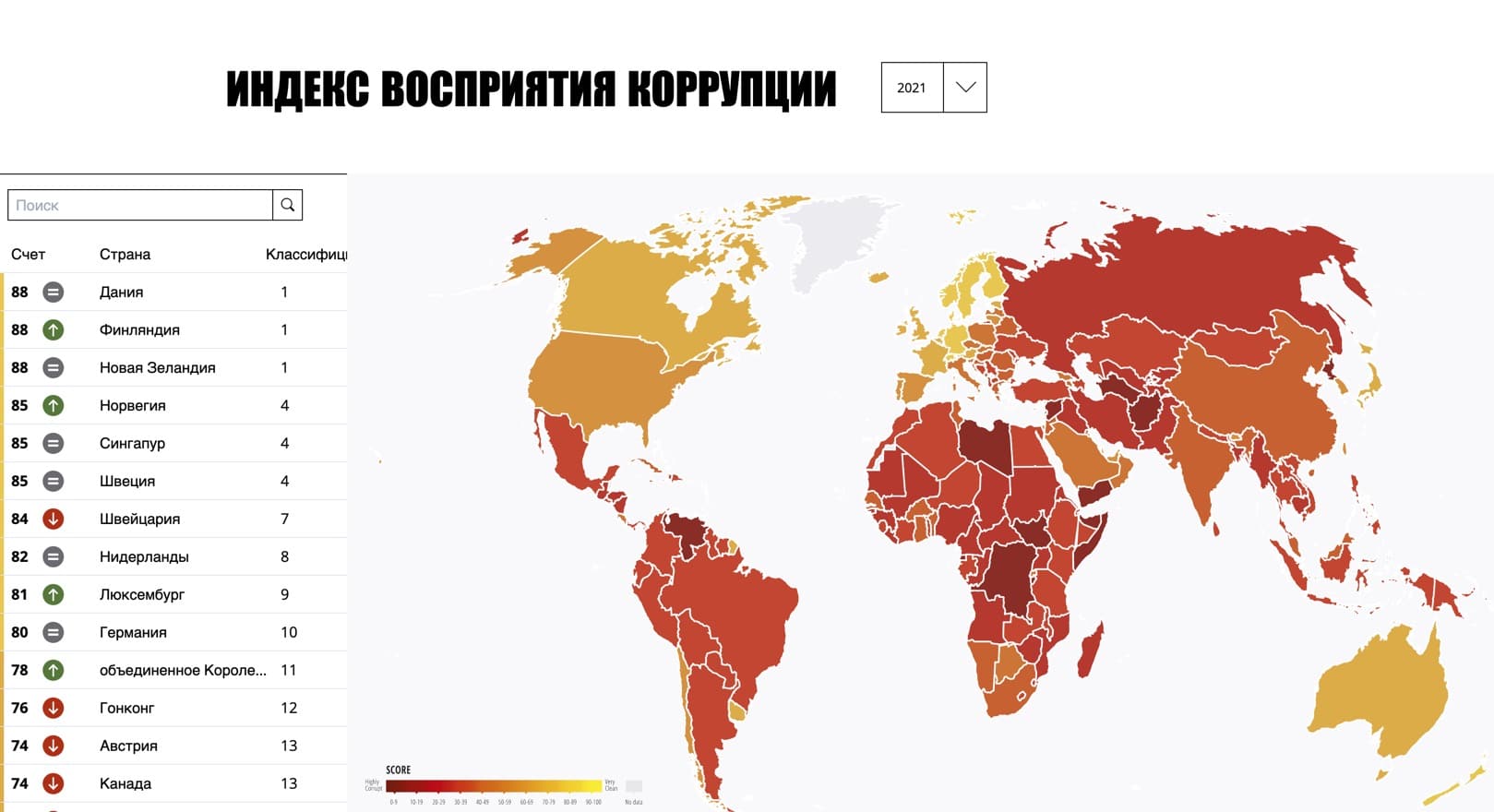 Индекс восприятия коррупции впервые опубликовали в 1995 году. Он составляется ежегодно для 180 стран. (2021, Transparency International, CC-BY-ND 4.0)