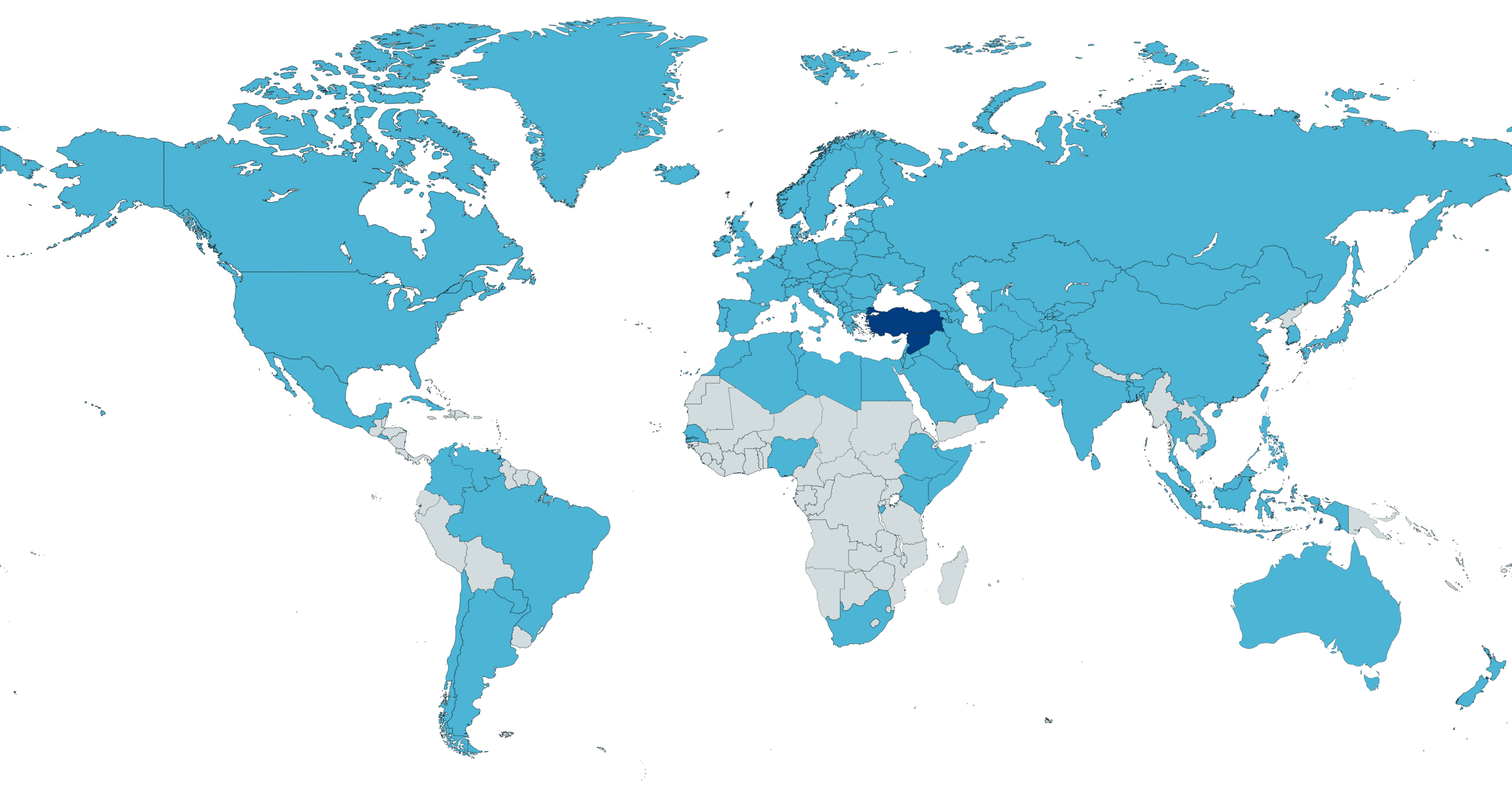 Страны, которые предложили помощь или выразили соболезнования Турции и/или Сирии после землетрясения (тёмно-синим отмечены Турция и Сирия). 9 февраля 2023 г. (Шахан Басаран, Creative Commons Attribution-Share Alike 4.0 International)