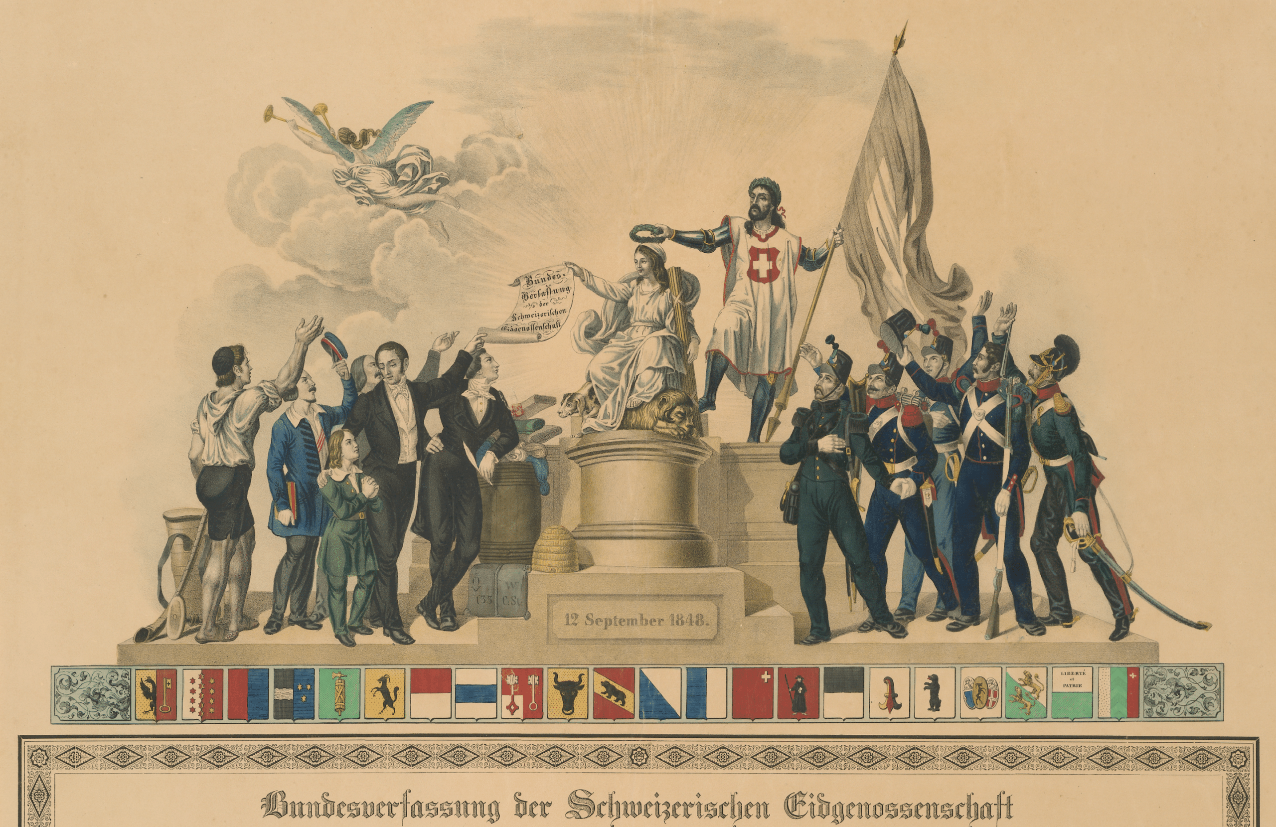 Иллюстрация в честь вступления в силу первой федеративной Конституции 12 сентября 1848 г. Библиотека Берна. Общественное достояние.