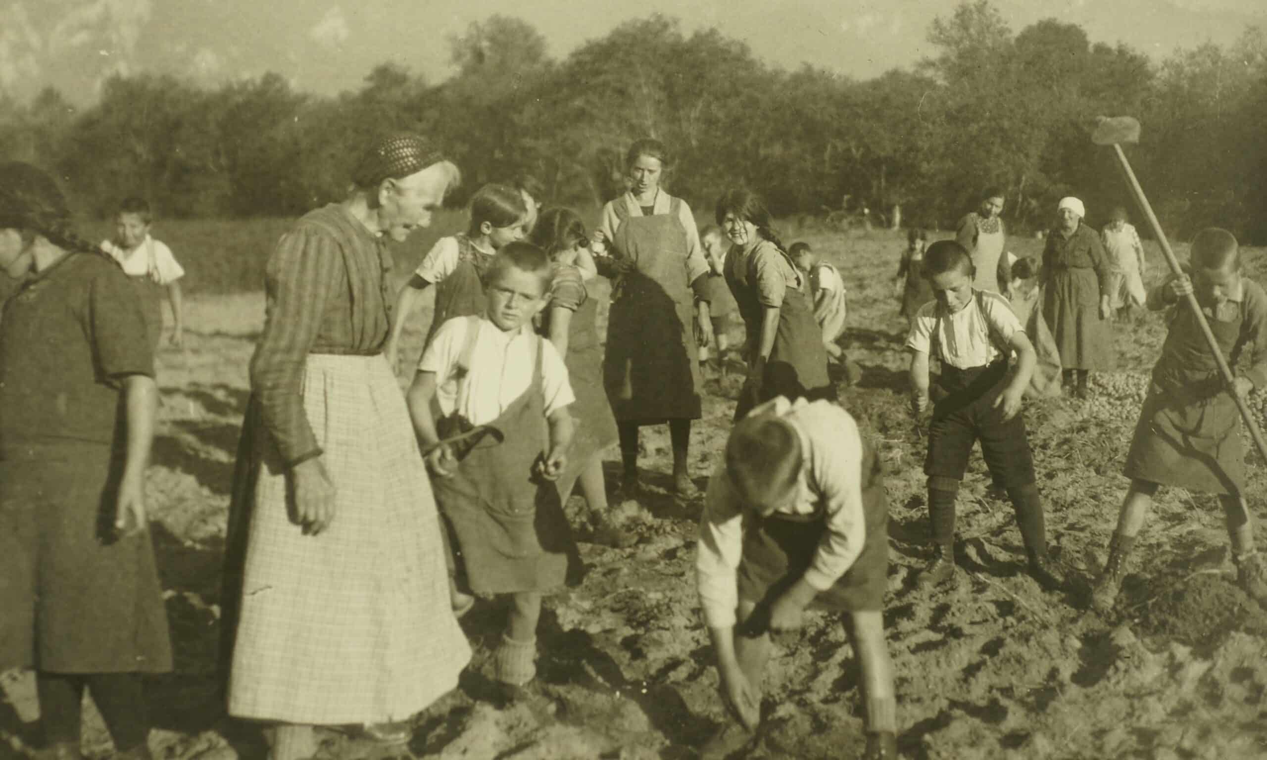 Дети и воспитатели из детского дома «Gott hilft» на картофельном поле в Цицерсе, кантон Граубюнден, около 1920 г. (© Fond Gott Hilft, Zizers, CH)